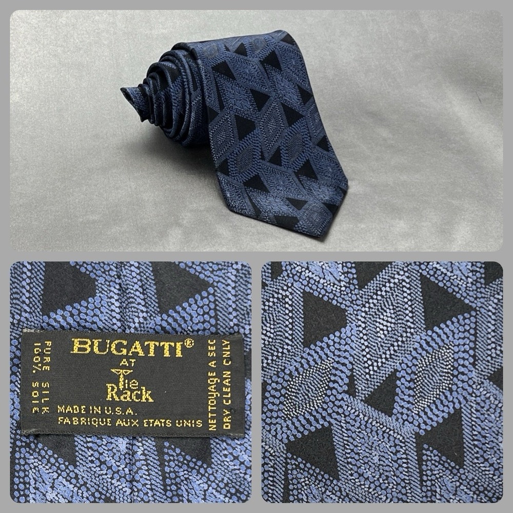 Bugatti Tie Rack Vintage Mens Silk Necktie Blue Black Gray Geometric Chevron 90s